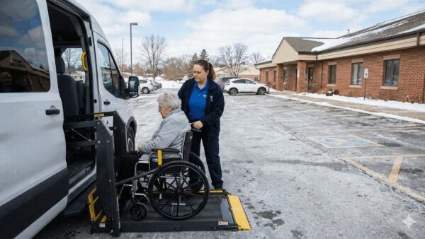 Minnesota NEMT driver assisting wheelchair passenger onto hydraulic van lift at medical clinic during winter