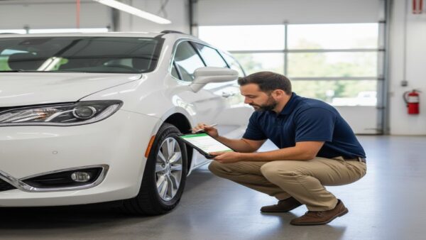 Professional NEMT driver performing a pre-driving orientation safety inspection on a white minivan fleet vehicle.