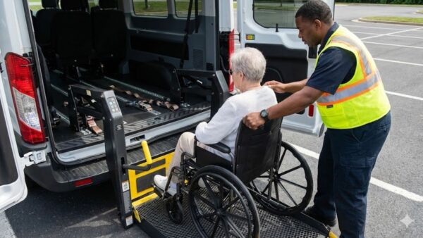 driver in high-visibility vest assisting an elderly passenger in a manual wheelchair onto a hydraulic van lift as part of passenger assistance training procedures.