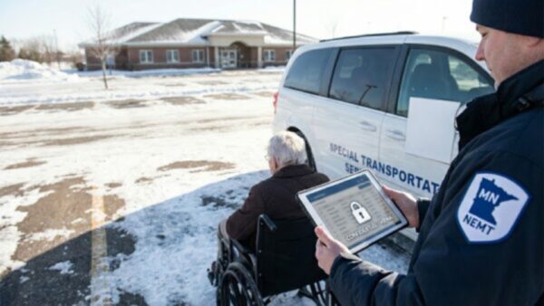 Minnesota NEMT driver wearing a winter jacket with an MN NEMT patch holds a tablet displaying a "CONFIDENTIAL - HIPAA" lock icon. He stands next to an elderly patient in a wheelchair near a Special Transportation Service van in a snowy parking lot.